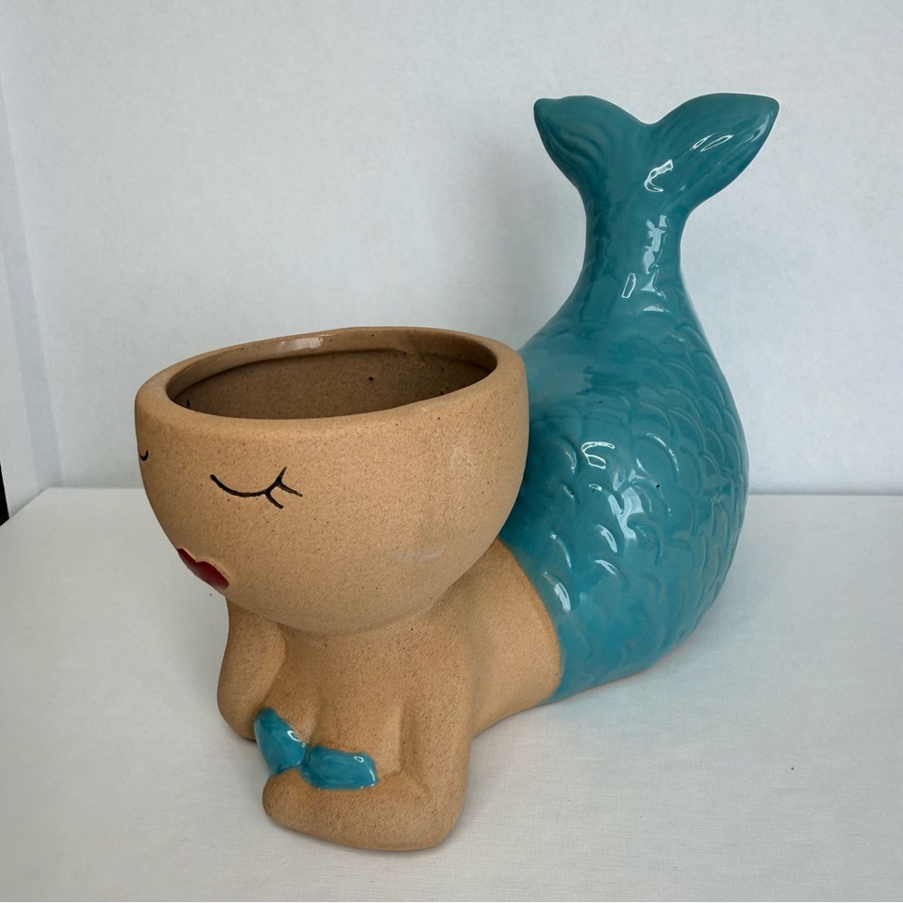 Ceramic Mermaid Planter in Turquoise - Vase Pot Succulent Candle Holder - Beach - Picture 4 of 8